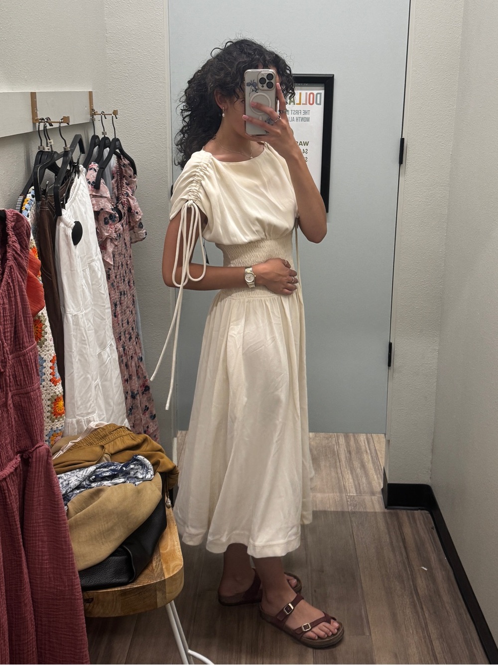 Elegant Cream Midi Dress with Ruched Tie Sleeves